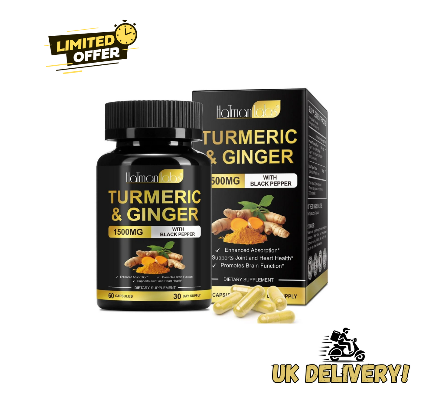 Halman Labs Turmeric Ginger Black Pepper For Immunity Cold and Flu 30 day supply